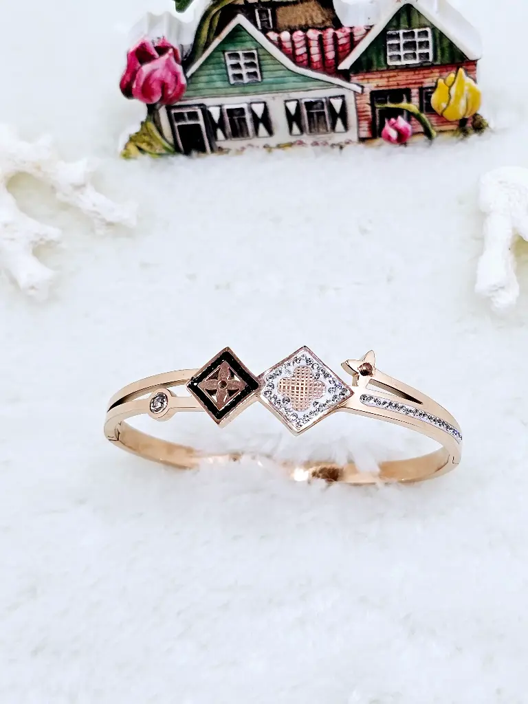 Geometric Pattern Bangle with Crystal Accents - Artificial Rose Gold