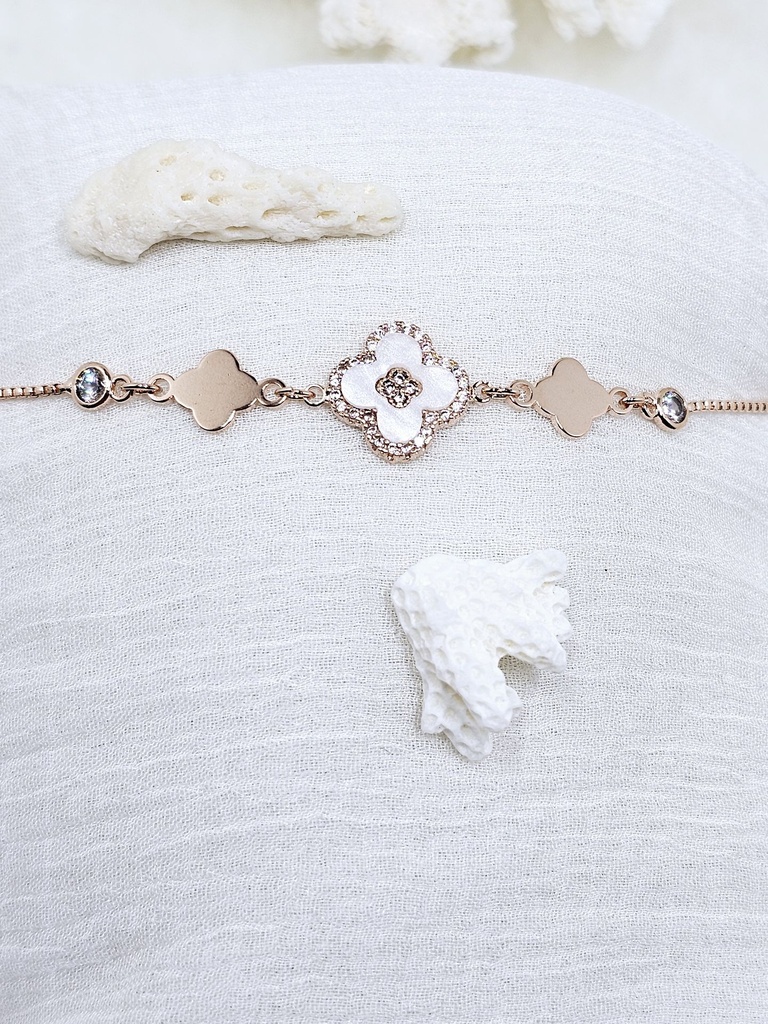 MOP Clover Bolo Bracelet with Crystal Accents - Artificial Rose Gold