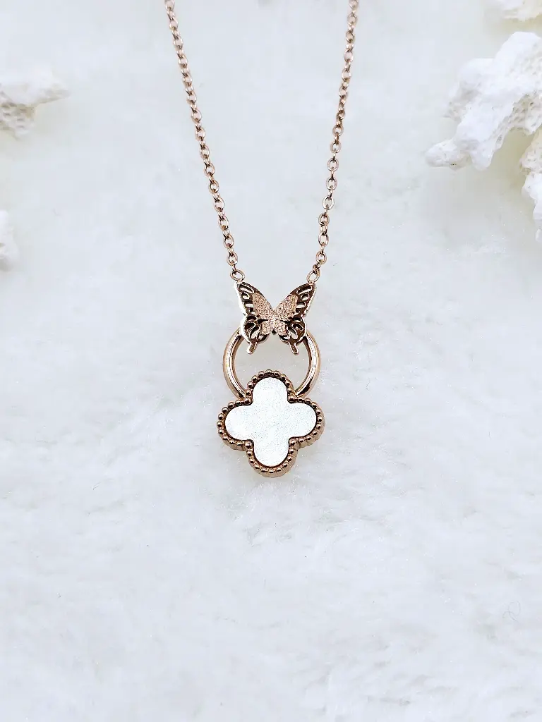 Butterfly & Mother of Pearl Clover Necklace - Artificial Rose Gold
