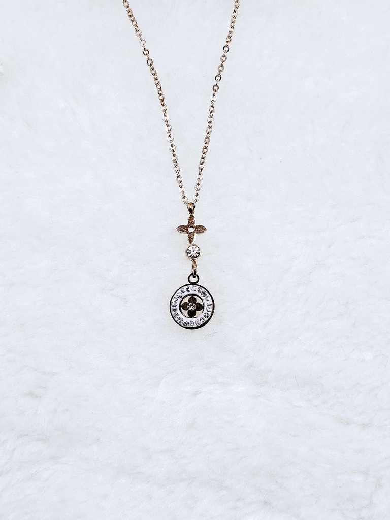 Clover & Circle Pendant Necklace with Crystal Accents - Artificial Rose Gold