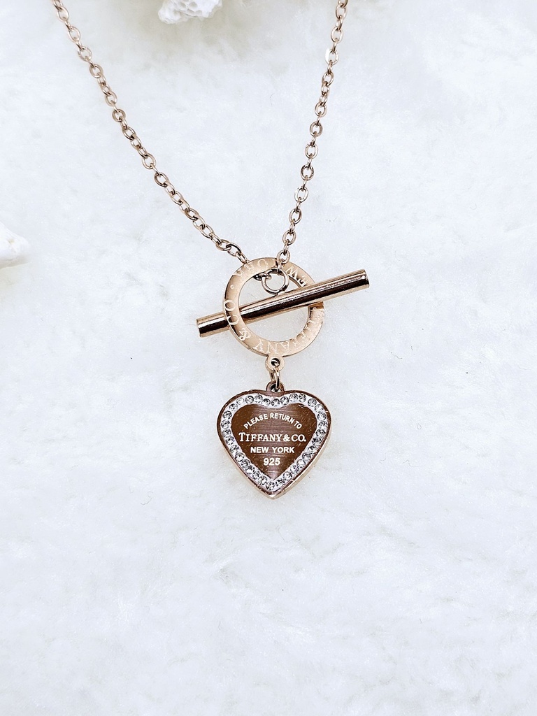 Heart Tag Toggle Necklace with Crystal Accents - Artificial Rose Gold