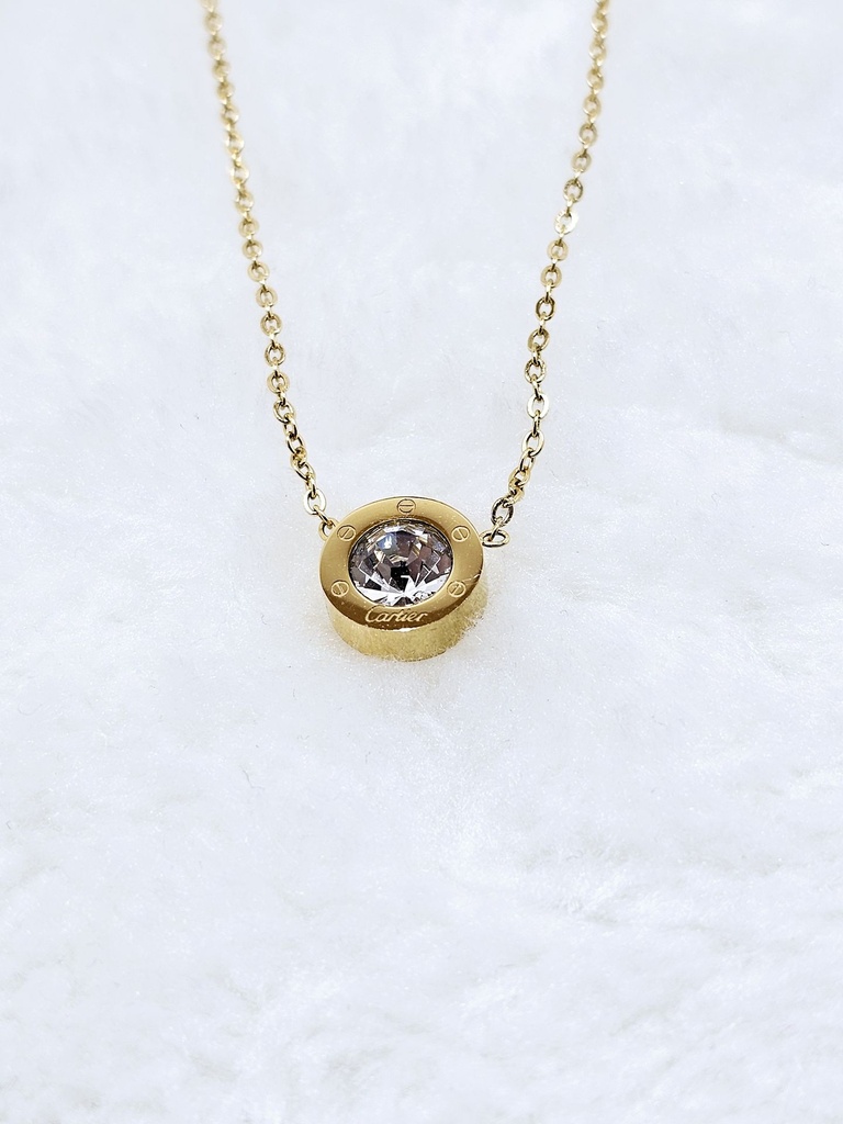 Bezel-Set Crystal Oval Pendant Necklace - Artificial Yellow Gold