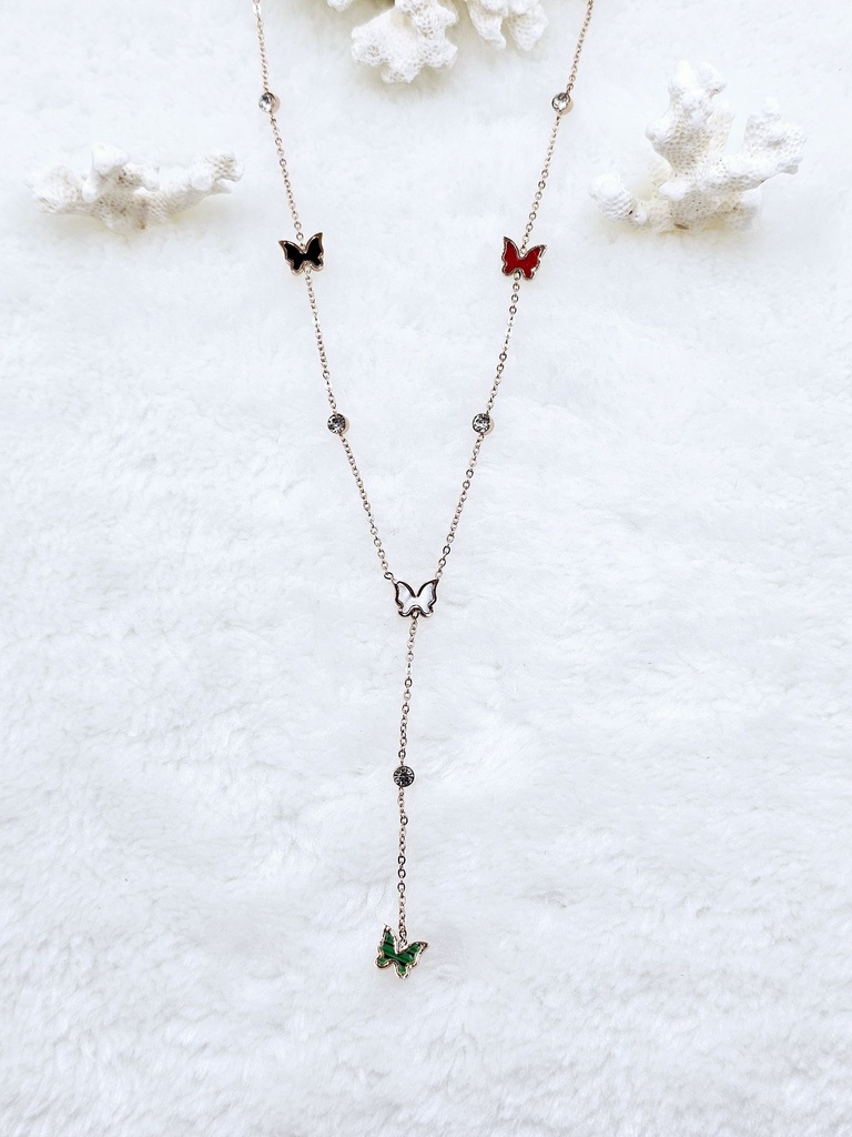 Butterfly Lariat Necklace with Colorful Accents - Artificial Rose Gold