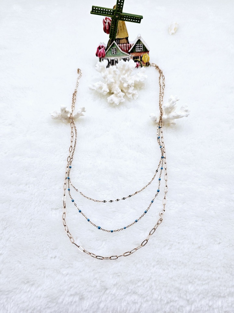 Triple Layered Chain Necklace with Turquoise Accents - Artificial Rose Gold