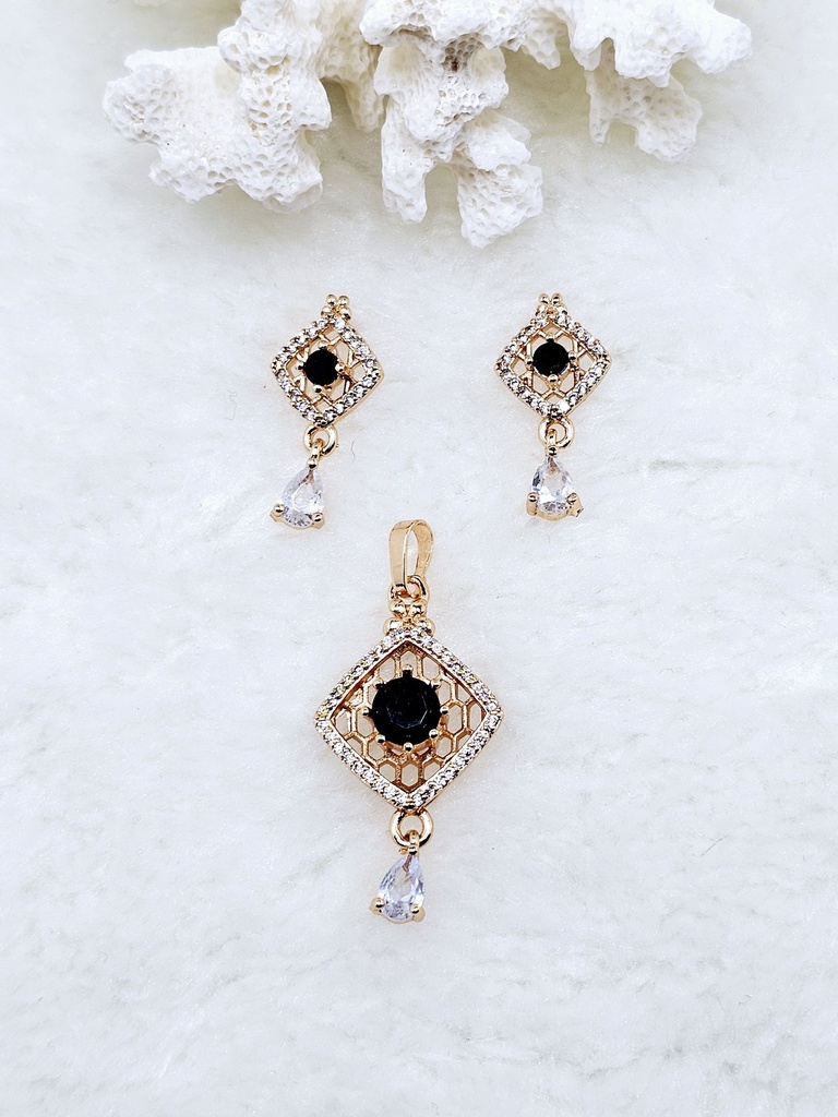 Geometric Black and White Crystal Pendant and Earrings Set - Artificial Rose Gold