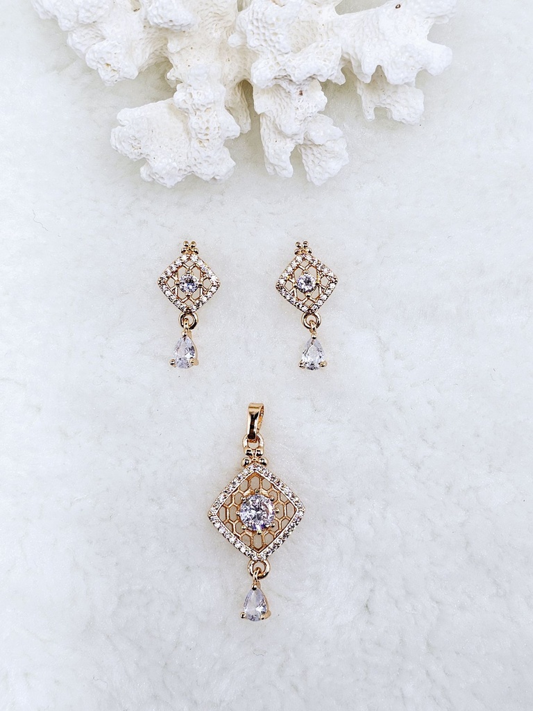 Geometric Crystal Pendant and Earrings Set - Artificial Rose Gold