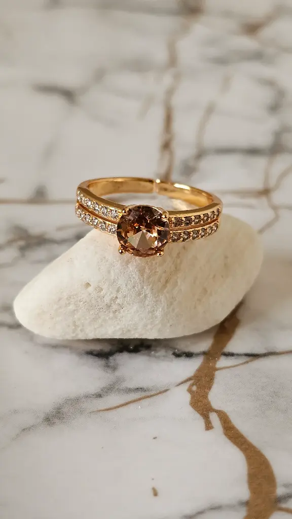 Round Champagne Ring with Crystal Pave Bands - Artificial Yellow Gold
