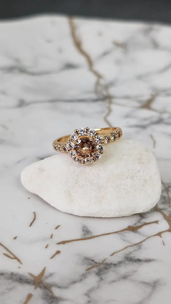 Cushion Cut Champagne Cubic Zirconia Halo Ring with Pave Band - Artificial Rose Gold