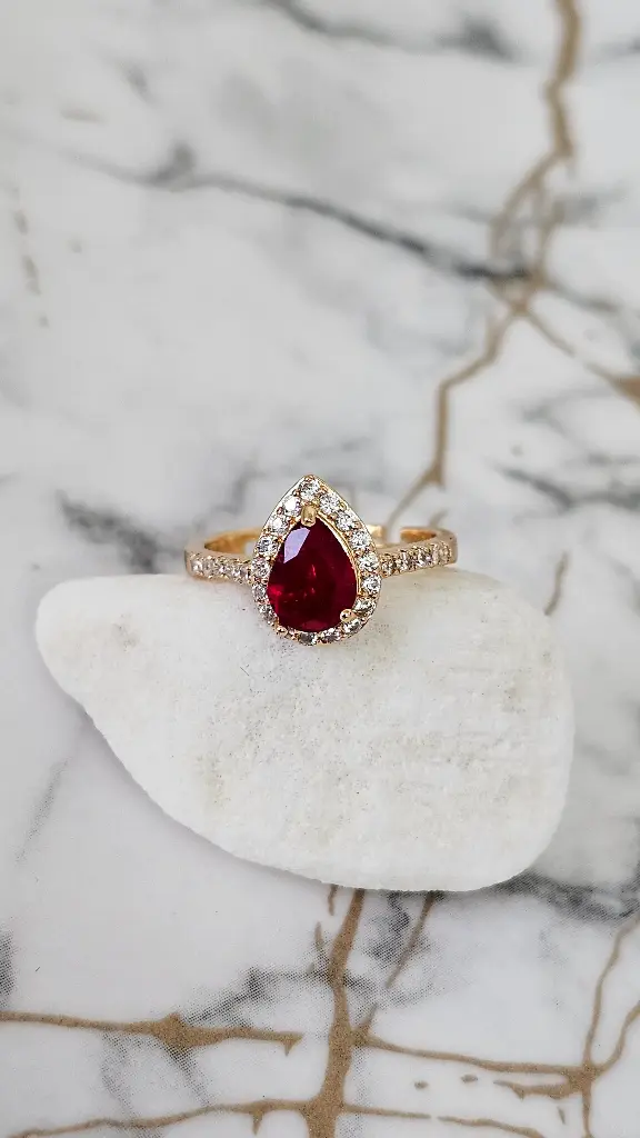 Pear Cut Red Stone Halo Ring with Crystal Pave Band - Artificial Yellow Gold