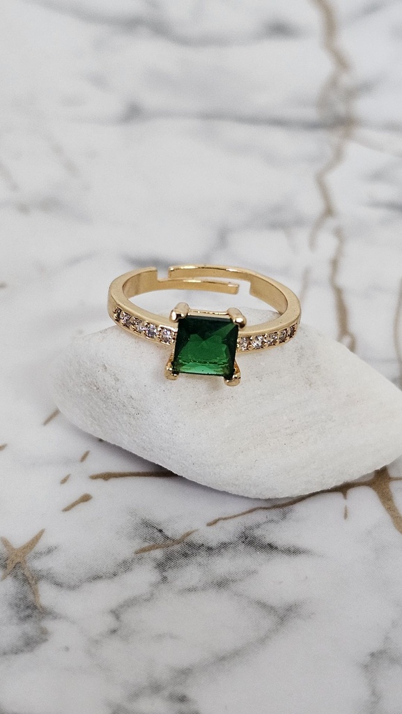 Green Cubic Zirconia Ring with Crystal Accents - Artificial Yellow Gold