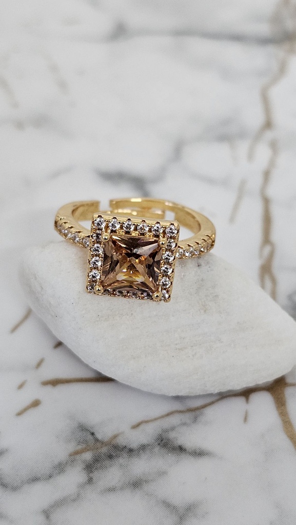 Square Champagne Cubic Zirconia Halo Ring with Crystal Accents - Artificial Yellow Gold