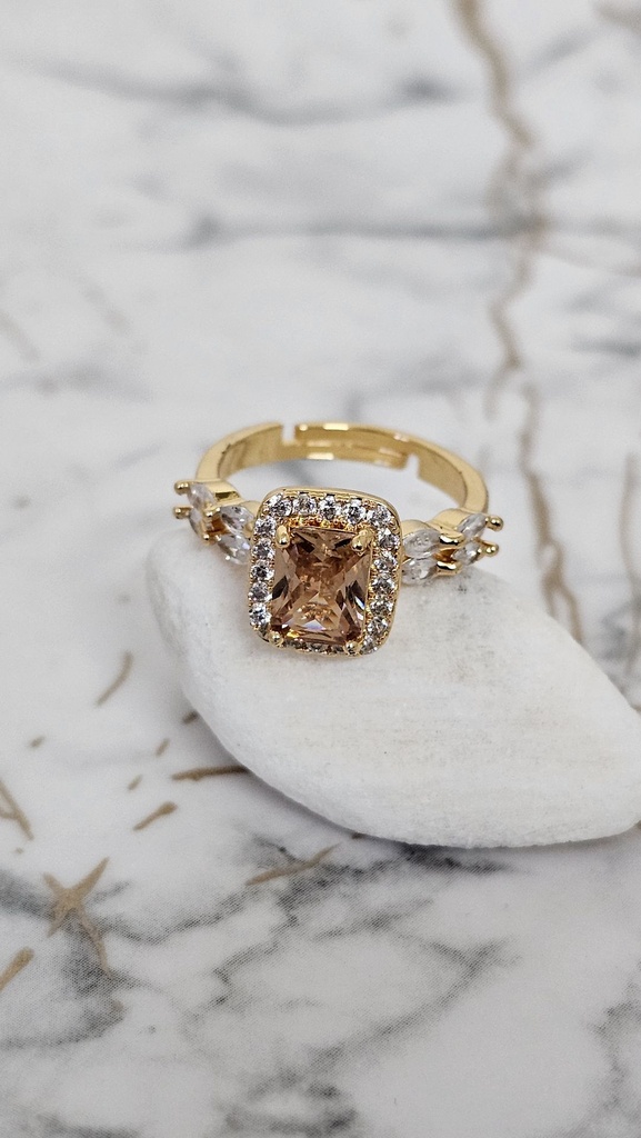 Cushion Cut Champagne Cubic Zirconia Halo Ring with Marquise Crystal Accents - Artificial Yellow Gold