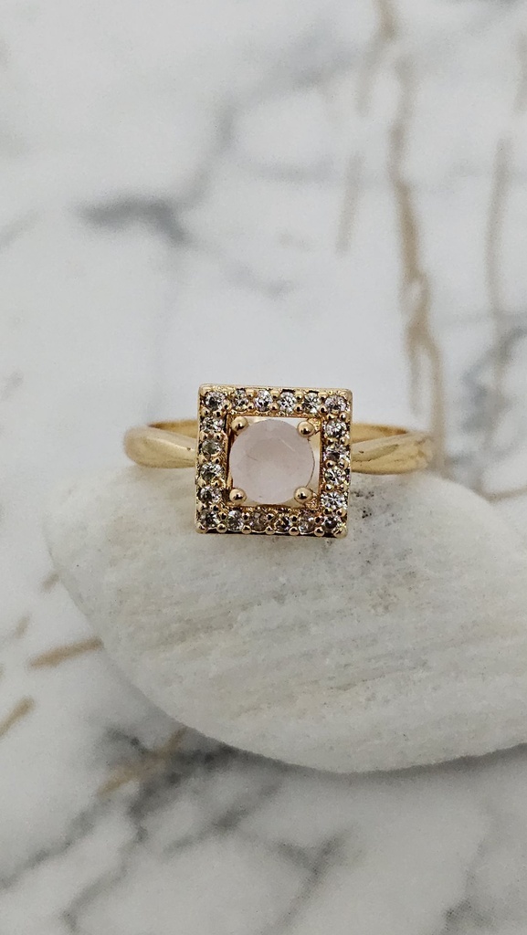 Round Light Pink Cubic Zirconia Halo Ring with Crystal Accents - Artificial Yellow Gold