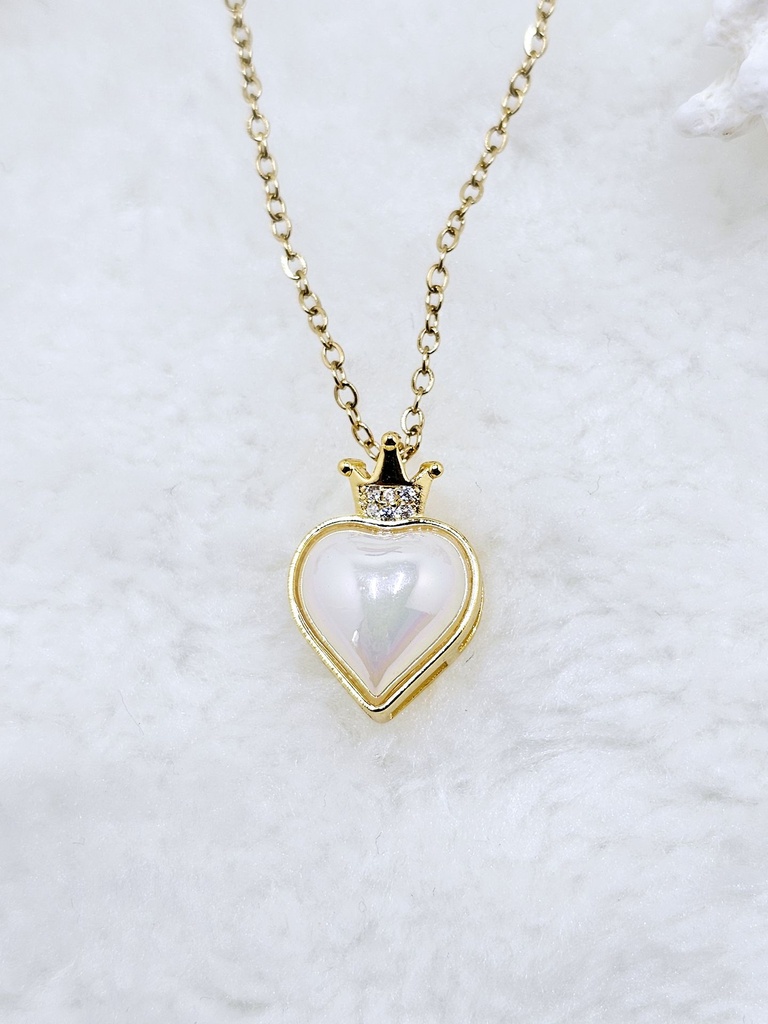 Crowned Mother of Pearl Heart Necklace - Artificial Yellow Gold