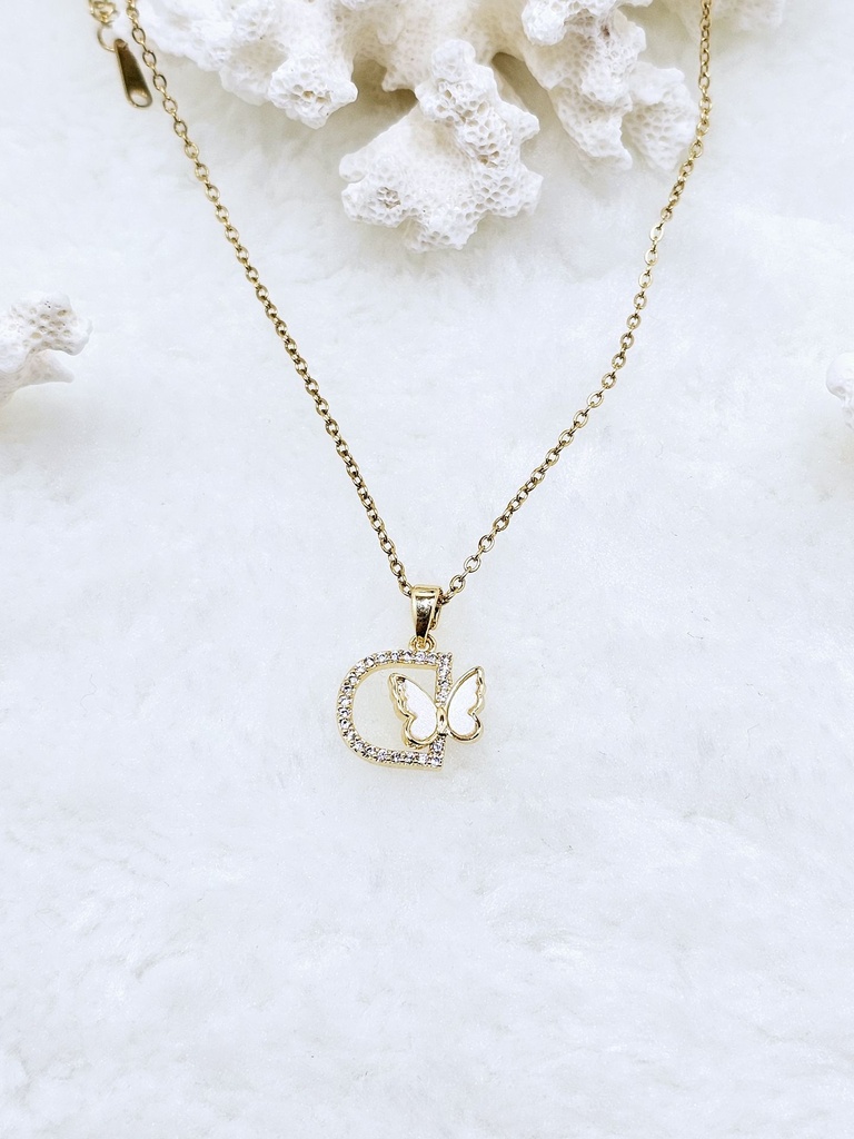 Butterfly Initial Pendant Necklace with Crystals - Artificial Yellow Gold