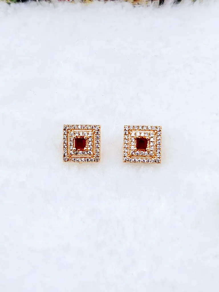 Square Ruby Cubic Zirconia Double Halo Stud Earrings - Artificial Yellow Gold