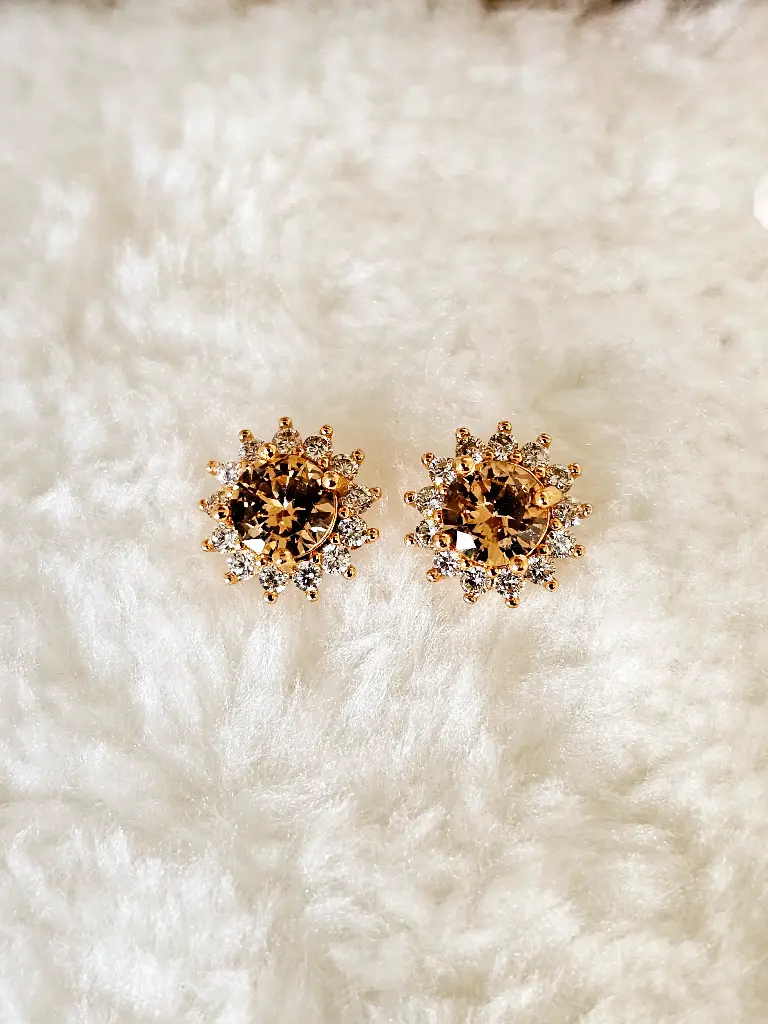 Champagne Cubic Zirconia Sunburst Stud Earrings - Artificial Yellow Gold