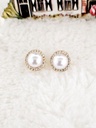 Faux Pearl Halo Stud Earrings with AD Crystals - Artificial Yellow Gold
