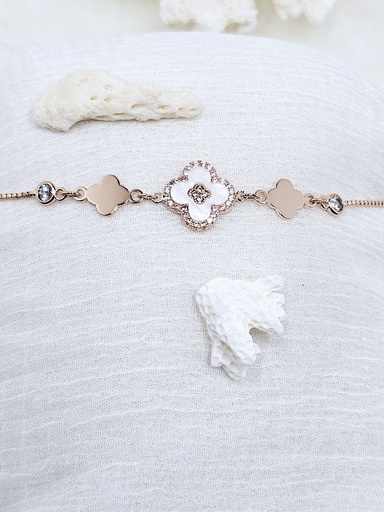 [0202025] MOP Clover Bolo Bracelet with Crystal Accents - Artificial Rose Gold