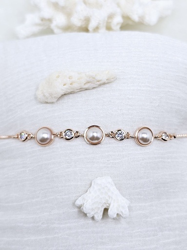 [0202028] Pearl & Crystal Station Bolo Bracelet - Artificial Rose Gold
