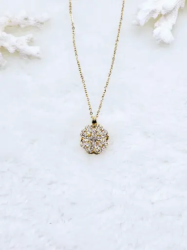 [0301003] Sparkling Crystal Flower Pendant Necklace - Artificial Yellow Gold
