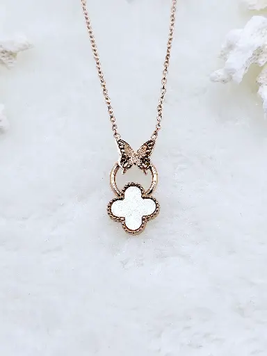 [0302004] Butterfly & Mother of Pearl Clover Necklace - Artificial Rose Gold