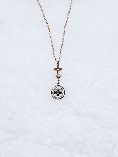 [0302005] Clover & Circle Pendant Necklace with Crystal Accents - Artificial Rose Gold