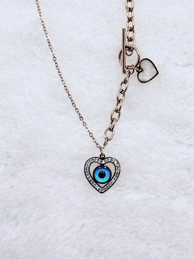 [0302006] Heart Evil Eye Toggle Necklace with Crystal Accent - Artificial Rose Gold