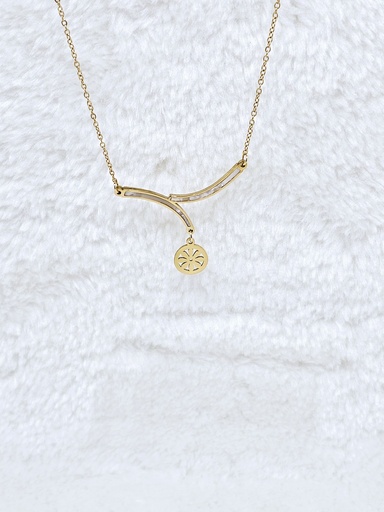 [0301008] Curved Bar Necklace with Geometric Medallion - Artificial Yellow Gold