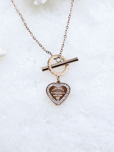 [0302012] Heart Tag Toggle Necklace with Crystal Accents - Artificial Rose Gold