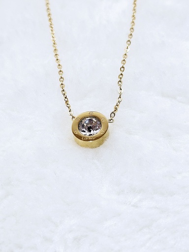 [0301013] Bezel-Set Crystal Oval Pendant Necklace - Artificial Yellow Gold