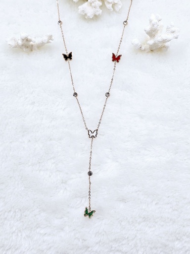 [0302016] Butterfly Lariat Necklace with Colorful Accents - Artificial Rose Gold