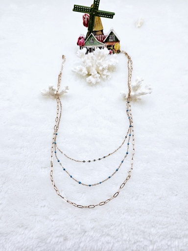 [0302018] Triple Layered Chain Necklace with Turquoise Accents - Artificial Rose Gold