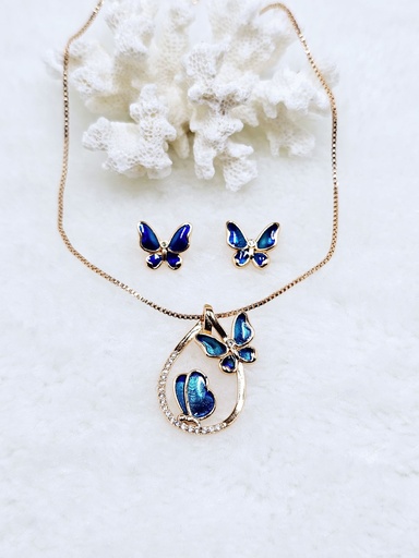 [0802001] Enameled Butterfly Pendant and Earrings Set - Artificial Rose Gold