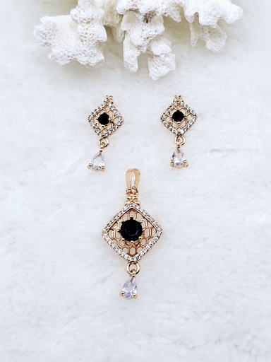 [0802002] Geometric Black and White Crystal Pendant and Earrings Set - Artificial Rose Gold