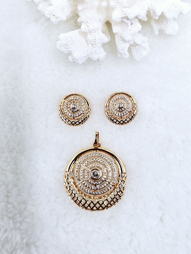 [0801005] Concentric Circle Crystal Pendant and Earrings Set - Artificial Yellow Gold
