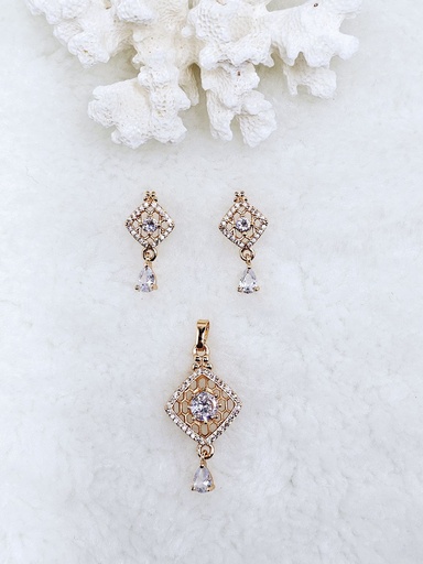 [0802006] Geometric Crystal Pendant and Earrings Set - Artificial Rose Gold