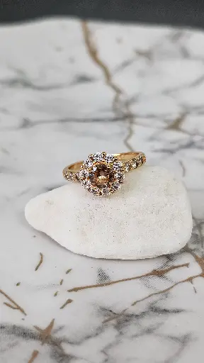 [0702002] Cushion Cut Champagne Cubic Zirconia Halo Ring with Pave Band - Artificial Rose Gold