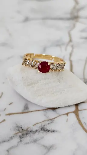 [0701005] Round Red Stone and Baguette Crystal Ring - Artificial Yellow Gold