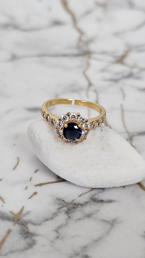 [0701007] Round Blue Stone Halo Ring with Crystal Accents - Artificial Yellow Gold