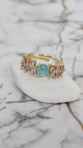 [0701008] Round Aquamarine Colour Stone and Baguette Crystal Ring - Artificial Yellow Gold