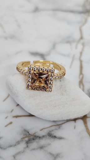 [0701010] Square Champagne Cubic Zirconia Halo Ring with Crystal Accents - Artificial Yellow Gold