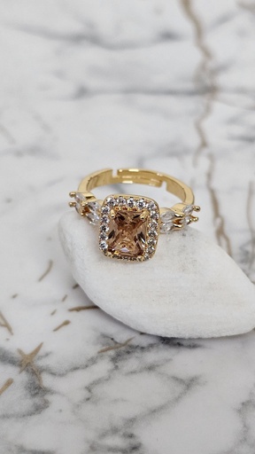 [0701011] Cushion Cut Champagne Cubic Zirconia Halo Ring with Marquise Crystal Accents - Artificial Yellow Gold