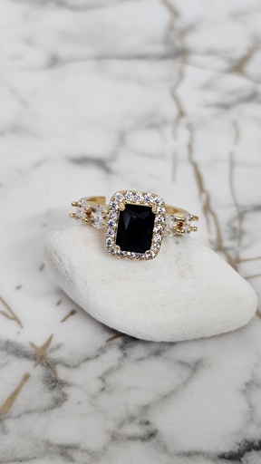 [0701012] Emerald Cut Black Cubic Zirconia Halo Ring with Marquise Crystal Accents - Artificial Yellow Gold