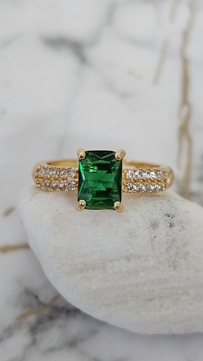 [0701013] Emerald Cut Green Cubic Zirconia Ring with Pave Crystal Band - Artificial Yellow Gold