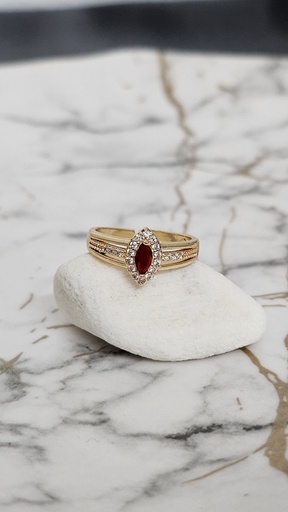 [0701017] Marquise Red Stone and Cubic Zirconia Halo Ring - Artificial Yellow Gold