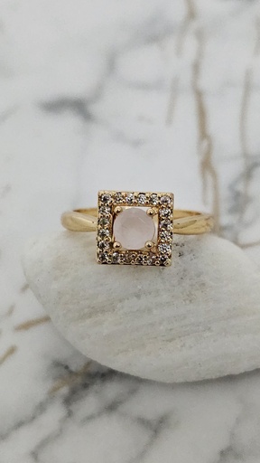 [0701020] Round Light Pink Cubic Zirconia Halo Ring with Crystal Accents - Artificial Yellow Gold