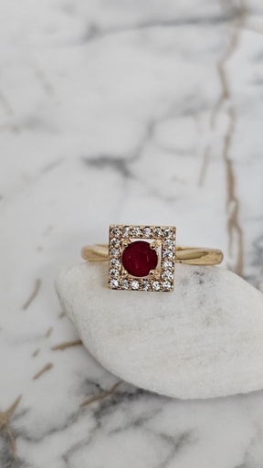 [0701021] Round Red Cubic Zirconia Halo Ring with Crystal Accents - Artificial Yellow Gold