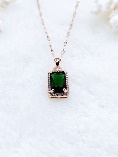 [0602001] Emerald Cut Green Gem Pendant Necklace with Crystal Halo - Artificial Rose Gold