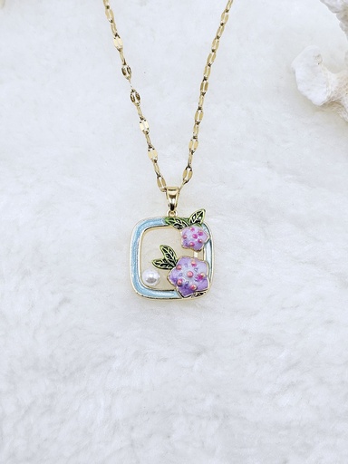 [0601005] Enamel Floral Pendant Necklace with Pearl Accent - Artificial Yellow Gold